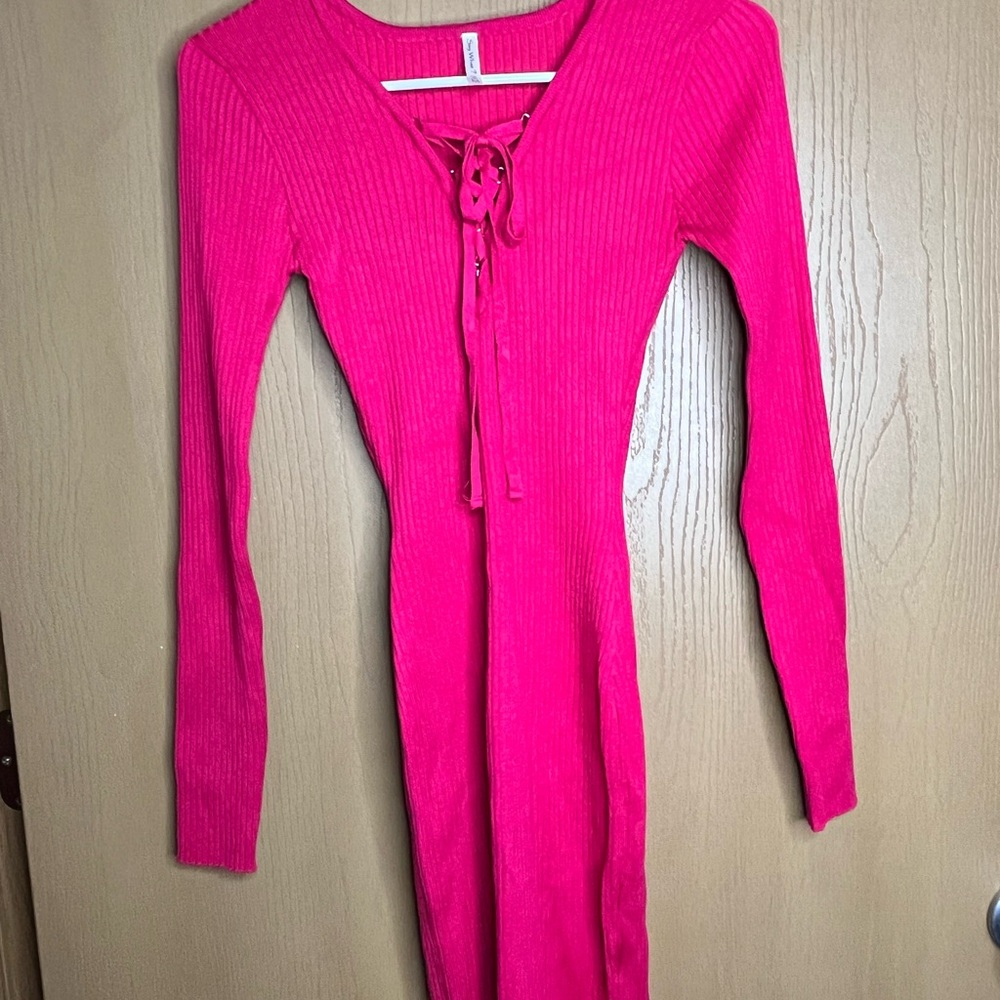 Vibrant Pink Lace-Up Ribbed Dress
